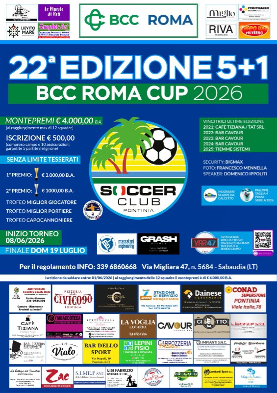 Locandina torneo BCC ROMA CUP 2026 organizzato da calcio amatoriale pontino