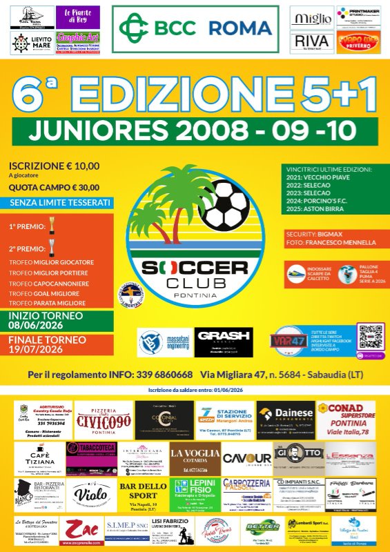 Locandina torneo JUNIORES 2008/09/10 organizzato da calcio amatoriale pontino